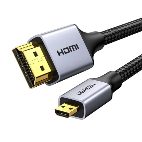 UGREEN Micro HDMI auf HDMI Kabel 4K 2.0 mit Ethernet (1M) - Hochwertiges Micro HDMI auf HDMI Kabel für brillante 4K Wiedergabe. Ideal für Kameras und Tablets, sorgt für stabile Verbindung und exzellente Audio-Video-Qualität. Robuste Nylonummantelung für lange Haltbarkeit.