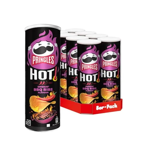 Pringles HOT Smokin' BBQ Ribs Flavour (8 x 160 g) – der unwiderstehliche Snack-Klassiker in der praktischen Dose – scharfe Chips mit BBQ-Geschmack – Pop. Play. Eat.