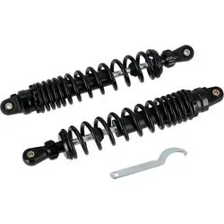 Tuning-Federbeine Set Schwarz 380mm für S50, S51, S70, S53, S83 - Motorradzubehör mit CNC-gefertigten Tuning-Federbeinen in Schwarz, stufenlos verstellbarer Federvorspannung und progressiver Federwicklung für optimales Ansprechverhalten.