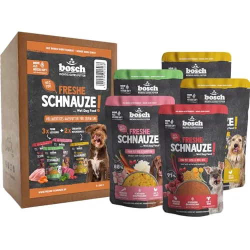 Bosch Freshe Schnauze, Aktionspaket Nassfutter 5 x 250 g, Schonend Dampfgegartes Alleinfuttermittel für Hunde, Geschmacksrichtungen: Rind, Huhn und Pute, Probierpaket, Nassfutter für Hunde