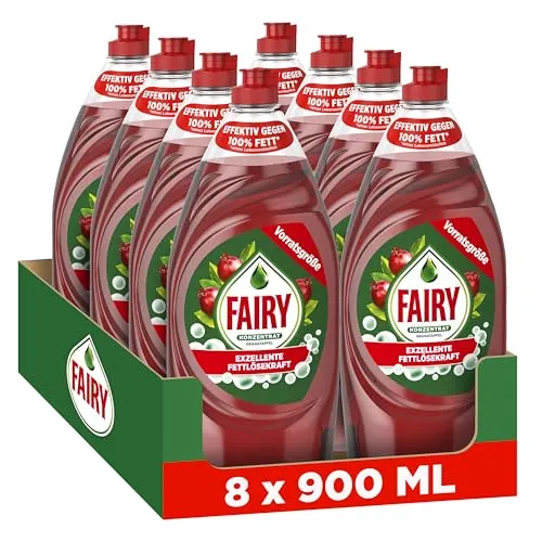 Fairy Ultra Konzentrat Granatapfel Handgeschirrspülmittel 8x900ml - Effektives Geschirrspülmittel mit beeindruckender Fettlösekraft. Die ultra konzentrierte Formel sorgt für langanhaltenden Schaum und glänzendes Geschirr. Ideal für den täglichen Einsatz in der Küche! 8x900ml für extra lange Haltbarkeit.