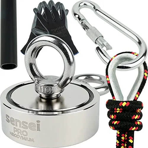 SENSEI Set 250 kg, Doppelseitiger N52 Neodym-Magnet mit 2 Ösen, Ø7,5 x H2,5 cm, Segelseil 25 m, Schutzhandschuhe + Zubehör