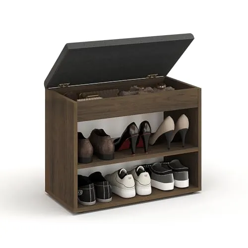 KOMTO Schuhbank mit Sitzfläche - Nussbaum Schuhregal und Garderobenbank - Sitzbank mit geräumigem Stauraum und gepolsterter Sitzfläche für bequemes Anziehen der Schuhe. Ideal für Flur und Eingangsbereich, Maße: 60x48x32 cm.