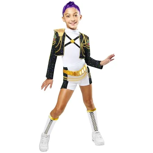 Rubies Netflix K-Pop Demon Hunters Rumi Gold Deluxe Kinderkostüm - Lizenziertes K-Pop Kinderkostüm für kreative Kostümpartys. Enthält Oberteil, Shorts mit Gürtel und Beinstulpen. Entworfen in Großbritannien, erfüllt alle Sicherheitsstandards.