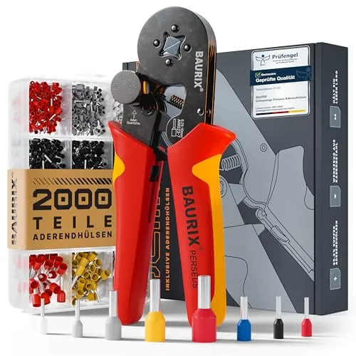 BAURIX® Crimpzange mit 2000 Aderendhülsen Set – Ergonomisch und Präzise - Crimpzange für 0,25-10mm² mit innovativem Kraftregler und 2000 Aderendhülsen. Ideal für präzise und gleichmäßige Verpressungen, perfekt für Elektriker und Heimwerker.