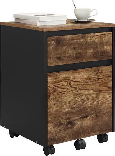 Woltu Rollcontainer mit 2 Schubladen - Büroschrank auf Rollen, platzsparend und ideal für flexibles Arbeiten. Mit geräuscharmen Gleitschienen und wasserabweisendem Material in Vintage-Holzoptik.