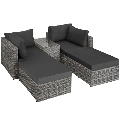 tectake® Rattan Lounge mit Aluminiumgestell - Gartenmöbel aus wetterfestem und UV-beständigem Polyrattan, ideal für entspannte Stunden im Freien mit Sicherheitsglasplatte für zusätzlichen Komfort.