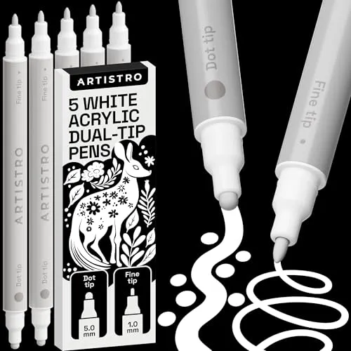 Artistro 5 Weiße Acrylstifte für Stein, Stoff, Holz, Glas, Dekoration – Dual Tip (Dot & Fein) Acrylmarker für Malbücher für Erwachsene, Teenager und Kinder – Bastel- & Kunstbedarf Set