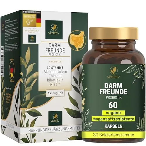 Darm Freunde 60 St: Veganer Probiotika-Komplex - Darmflora: Unterstützt die gesunde Darmflora mit 30 Bakterienstämmen und Akazienfaser für ein optimales mikrobiales Gleichgewicht.