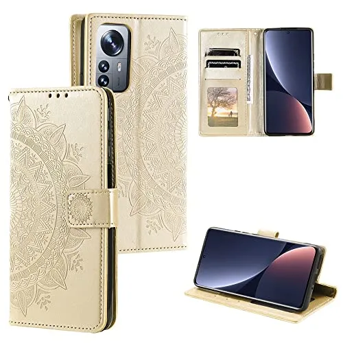 CoverKingz Handy Case kompatibel mit Xiaomi 12 / 12X - Handy Cover mit Kartenfach Phonecase - Smartphone Hülle klappbar Motiv Mandala Gold