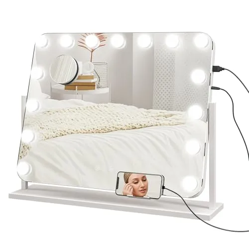 HOMCOM Hollywood Spiegel mit Beleuchtung 62,5x52 cm - Tischspiegel mit 15 LED-Lichtern und 3 Lichtfarben, perfekt für präzises Make-up. Mit Handyhalterung, USB-Ladeanschluss und 10x Vergrößerung für optimale Sicht und Styling.