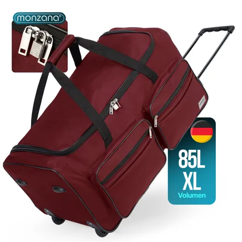 MONZANA® Reisetasche mit Rollen 85 L Rot - Reisetasche mit 85 L Volumen, ausgestattet mit 2 Rollen und Teleskopgriff für einfachen Transport. Ideal für Reisen und Abenteuer, bietet extra Fächer und ein Schloss für Sicherheit.