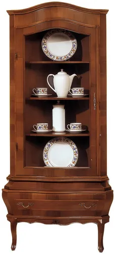 Klassische Eckvitrine für Wohnzimmer - Elegante Eckvitrine im Barockstil, aus hochwertigem Holz, mit Glastüren und Schubfächern. Perfekt zur stilvollen Präsentation Ihrer Sammlerstücke. Maße: 85 x 60 x 180 cm.