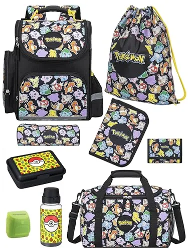 Familando Pokémon Schulranzen 1. Klasse - Ergonomischer Tornister mit Pikachu Motiv - Schulranzen für Jungen und Mädchen, leicht mit nur 1.010 Gramm und 18 Litern Volumen. Komplett-Set (9-teilig) inklusive Sporttasche und Lunch-Set, ideal für die Einschulung!