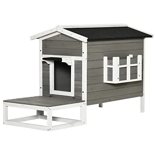 PawHut Katzenhaus aus Holz mit Balkon und Terrasse - Stilvolles Katzenhaus aus Tannenholz, wetterfest mit Balkon und Terrasse für entspannte Sonnenbäder. Ideal für Katzen und kleine Hunde, bietet optimalen Wetterschutz und erhöhten Boden für mehr Komfort.