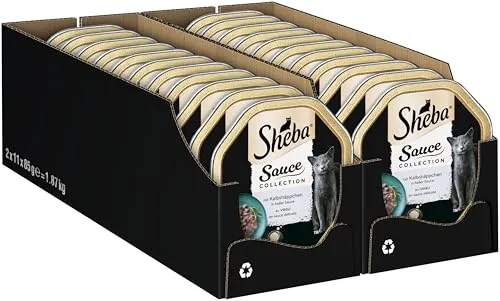 Schale Nassfutter für Katzen - Sauce Collection mit Kalbshäppchen - Leckere Pastete mit Kalbshäppchen und Gemüse, ideal für ausgewachsene Katzen. In praktischen Schalen, perfekt portioniert und ohne Zusatz von Zucker.