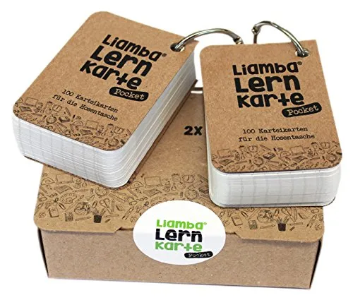Liamba Karteikarten A8 Pocket Set 2 x 100 Lernkarten in kompakter Karteikartenbox mit Metallringen aus FSC Recyclingpapier farbigen Karten für Schule Studium und unterwegs