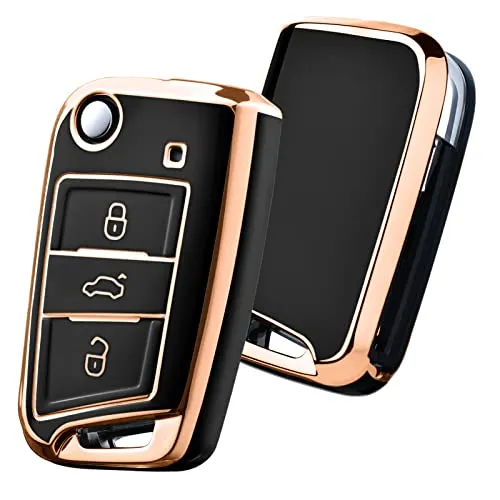 OATSBASF Autoschlüssel Hülle VW, VW Golf 7 Schlüsselhülle, Schlüsselbox Cover für VW Polo, Skoda, Tiguan, MK7 3-Tasten (Goldener Rand-Schwarz)