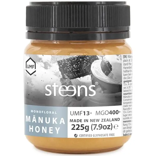 Steens Manuka Honey MGO 400+ - 225g - Brotaufstrich: 100% roher, zertifizierter UMF 13+ Manuka Honig aus Neuseeland, reich an Nährstoffen und ideal für deine Gesundheit.