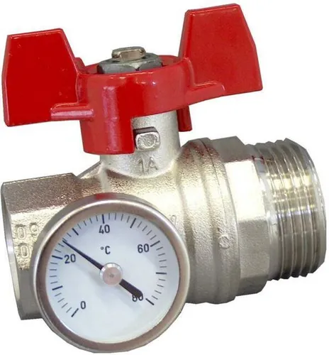 OVENTROP Kugelhahn mit rotem Griff und Thermometer - Sonstige, 3/4"IG x 1"AG, ideal für präzise Temperaturkontrolle in Heizungsanlagen.
