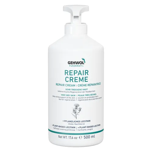 GEHWOL FUSSKRAFT Repair Creme 500 ml - Fußpflegecremes für gestresste, trockene Haut – auch für den ganzen Körper geeignet mit Nachtkerzenöl, Jojobaöl und Vitamin E für intensive Pflege.