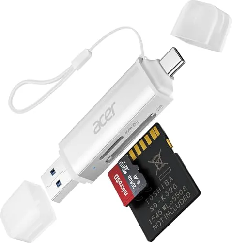 acer SD Kartenleser, Dual USB 3.0 USB C Stecker Kartenlesegerät, Aluminium OTG Adapter SD Card Reader Speicherkartenleser für SD/Micro SD/TF/SDHC/SDXC, iPhone 15-16/Android/Windows/macOS usw.-Silber