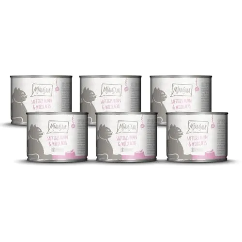 MjAMjAM - Premium Nassfutter für Katzen - saftiges Huhn und Wildlachs, 6er Pack (6 x 200 g), getreidefrei mit extra viel Fleisch