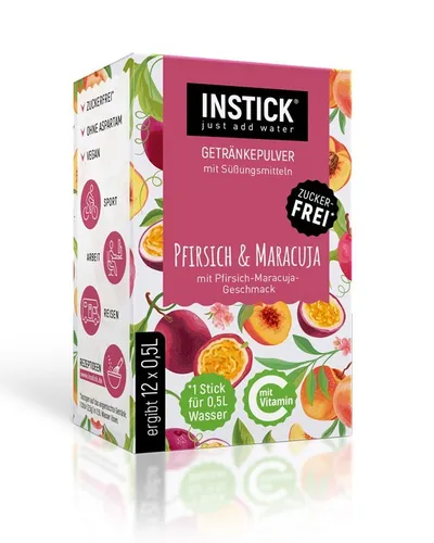 INSTICK Getränkepulver Pfirsich-Maracuja 12-er Packung (für 12 x 0,5 L)