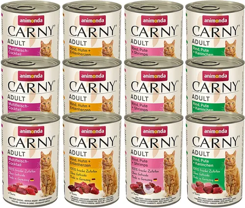 animonda Carny Katzen Nassfutter, Sorten Mix "Kräftige Variation" (12 x 400g) - Getreidefreies Katzennassfutter mit frischen Fleischzutaten, ideal für ausgewachsene Katzen. Bietet eine köstliche Mischung aus Multi-Fleischcocktail, Rind und Geflügel für ein besonderes Geschmackserlebnis.