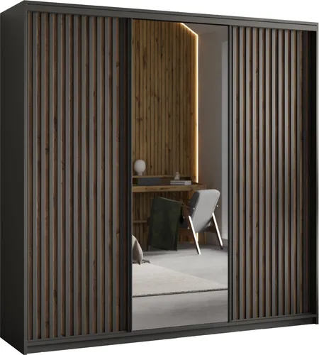 Masseno Schiebetürenschrank ORRA 180 cm - Moderner Schiebetürenschrank mit stilvollem Lamellen-Design und großem Spiegel – ideal für ein elegantes Schlafzimmer. 4 Schubladen und durchdachter Stauraum für Ordnung und Komfort.