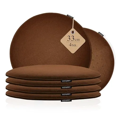 Ampara 4er Set Stuhlkissen rund 33 cm – Rutschfest & Gemütlich - Komfortable Sitzkissen aus Filz mit 33 cm Durchmesser und 22 mm Dicke. Rutschfeste Unterseite sorgt für sicheren Halt. Ideal für Stühle, Bänke und Hocker – vielseitig und pflegeleicht!