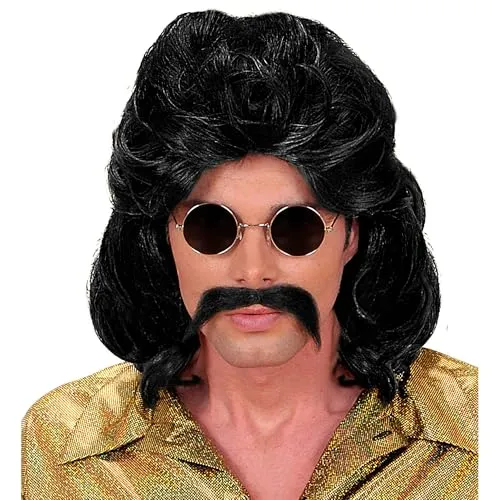 W WIDMANN MILANO Party Fashion - 70er Jahre Perücke Herren, Disco Set mit Schnurrbart, Retro Kostüm Zubehör für Karneval