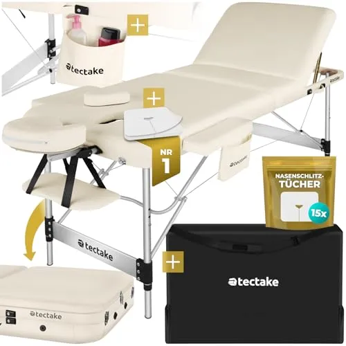 tectake 3 Zonen Massageliege mit Tragetasche - Massageliege in beige, ideal für mobile Masseure, mit 5 cm Polsterung für höchsten Komfort und einfache Transportmöglichkeiten dank Tragetasche.