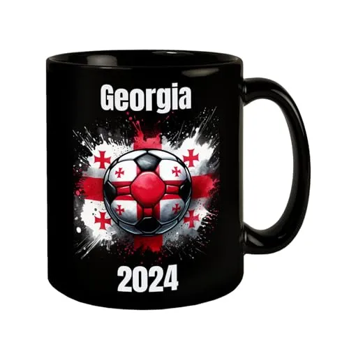 Fußball Georgien Flagge Tasse in Schwarz EM 2024 Fanartikel Sportliches Design Ball Landesfarben Rot-Weißes Kreuz