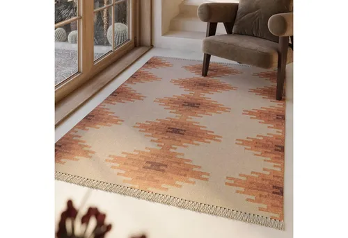 Green Looop Wollteppich Belle, rechteckig 140x200 cm - Teppich aus 100% Wolle, handgewebt im eleganten Rautendesign, ideal für Wohnzimmer oder Schlafzimmer. Robust und schallschluckend, sorgt für eine gemütliche Atmosphäre.
