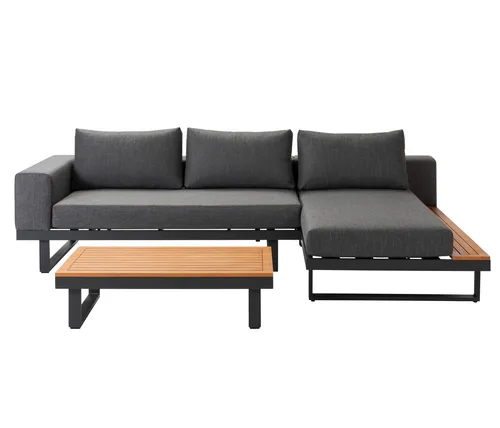 Dehner Balkonset Riva, 3-teilig, 4-Sitzer - Balkonmöbel-Set aus wetterfestem Aluminium und FSC®-zertifiziertem Akazienholz, ideal für entspannte Stunden im Freien mit komfortablen Polstern.