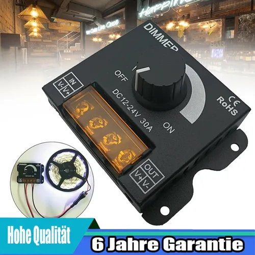 LED Dimmer 12V 24V DC 30A - Metallgehäuse für LED-Streifen - Lampenteile mit 30A Stromstärke, ideal für dimmbare LED-Beleuchtung im Innenbereich, robustes Metallgehäuse und 2 Jahre Herstellergarantie.