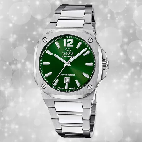 Jaguar Herren Armbanduhr Edelstahl UJ1024/2 - Luxuriöse Herren Armbanduhr mit analoger Anzeige, silbernem Edelstahlarmband und grünem Zifferblatt, bis 10 bar wasserdicht und ideal für den täglichen Einsatz.