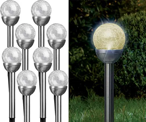 Bonetti Edelstahl Solarlampen mit Bruchglas-Kugel, warm-weiß (8er Set) - Dekorative Solarleuchten aus Edelstahl mit Crashglas-Optik, ideal für Garten und Terrasse. Kabellos und einfach zu montieren, bieten sie warm-weißes Licht und sind energieeffizient dank solarbetriebener Technologie.