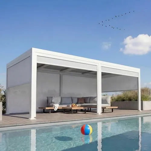 Mendler Alu Pergola HWC-L41 mit Lamellen-Dach - Pavillon mit drehbarem Lamellendach für individuellen Sonnenschutz, stabiles 8x8cm Aluminium-Gestell, ideal für entspannte Tage im Garten oder auf der Terrasse.
