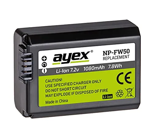 ayex NP-FW50 Akku Kompatibel mit Sony z.B. Alpha A7 A7II A7R A7R II A7S A6500 A6300 NEX 7 RX-10 Leistungsstark & zuverlässig