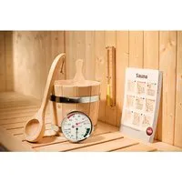 Weka Premium-Zubehörset 5-tlg. für Sauna - 5-teiliges Zubehörset für Sauna-Fans, inklusive Aufgusskübel, Schöpfkelle, Klimamesser, Sanduhr und Sauna-Baderegeln für das perfekte Saunaerlebnis.