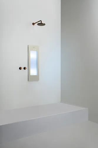 Sunshower Round line Small Plus Sand IR + UV - Kompakte Infrarot- und UV-Lampe für das Badezimmer, stilvolles Design in Sandfarbe, ideal für entspannende Wärme und Wohlfühlatmosphäre.