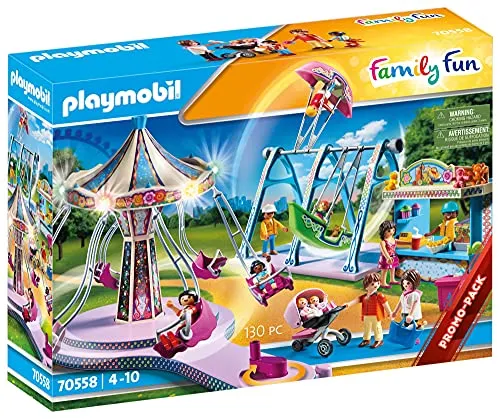PLAYMOBIL Family Fun 70558 Großer Vergnügungspark mit Lichteffekt - Spielfigur Spielsets: Großer Vergnügungspark mit Karussell, Schaukel und 11 Figuren. Ideal für Kinder von 4-10 Jahren, bietet kreativen Spielspaß und hochwertige, robuste Qualität.
