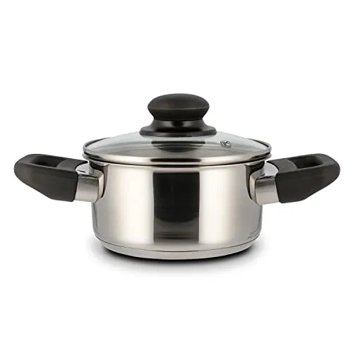 Level One Topf Kochtopf Fleischtopf 14 cm Induktion, Edelstahl unbeschichtet inkl. Glasdeckel | 7 cm hoher Rand, 0,75 Liter Volumen | spülmaschinengeeignet, für alle Herdarten geeignet