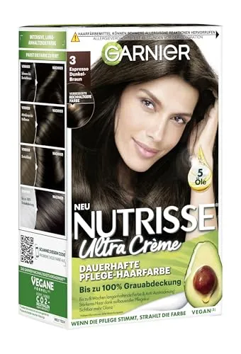 Garnier Nutrisse Ultra Crème Haarfarbe 30 Espresso Dunkelbraun - Haarfärbe-Set für bis zu 100% Grauabdeckung, mit nährenden Ölen für seidig strahlendes Haar. Einfache Anwendung mit pflegender Haarkur für langanhaltenden Glanz bis zu 8 Wochen.