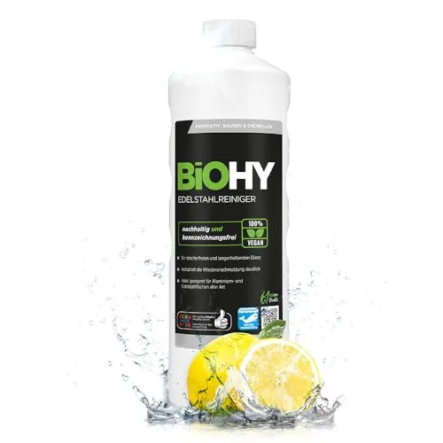 BiOHY Edelstahlreiniger (1l Flasche) | Edelstahlpflege für streifenfreien Glanz | ideal für Küche, Töpfe oder Grill | Edelstahl reinigen in Gastronomie & Haushalt | pflegendes Putzmittel