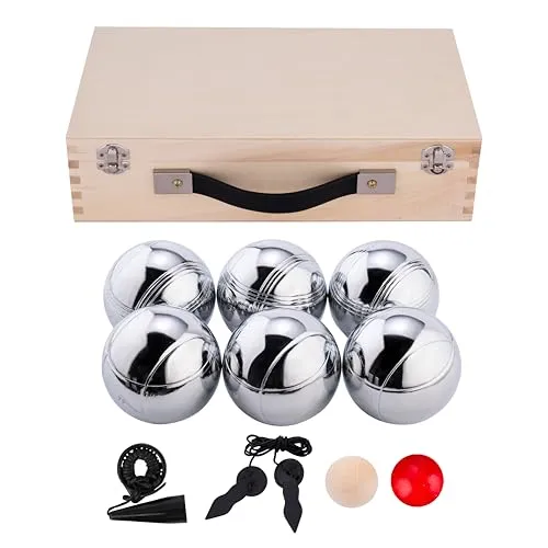 Engelhart Boules Pétanque Set im Luxus-Koffer - Boule-Spiele: Komplettes Set mit 6 Chrom-Boules (74 mm), Maßband und Cochonnet in einem eleganten Holzkoffer – perfekt für Freizeit und Geschenke.