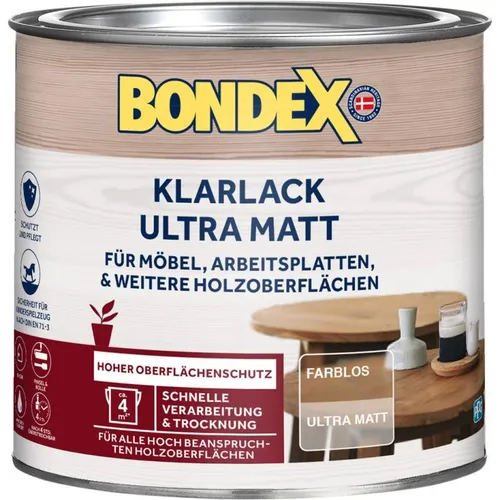 BONDEX Klarlack Ultra Matt 0,25 Liter - wasserbasierend für Innenbereiche - Lacke für den Innenbereich, ultramatt und wasserbasiert, ideal für umweltfreundliche Projekte. Schnelle Trocknung in nur 30 Minuten!
