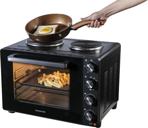 Hanseatic Kleinküche 97530243 HMO366BKB - Miniofen mit 36L Garraum, bietet flexible Heizoptionen und umfangreiches Zubehör für vielseitige Kochmöglichkeiten.